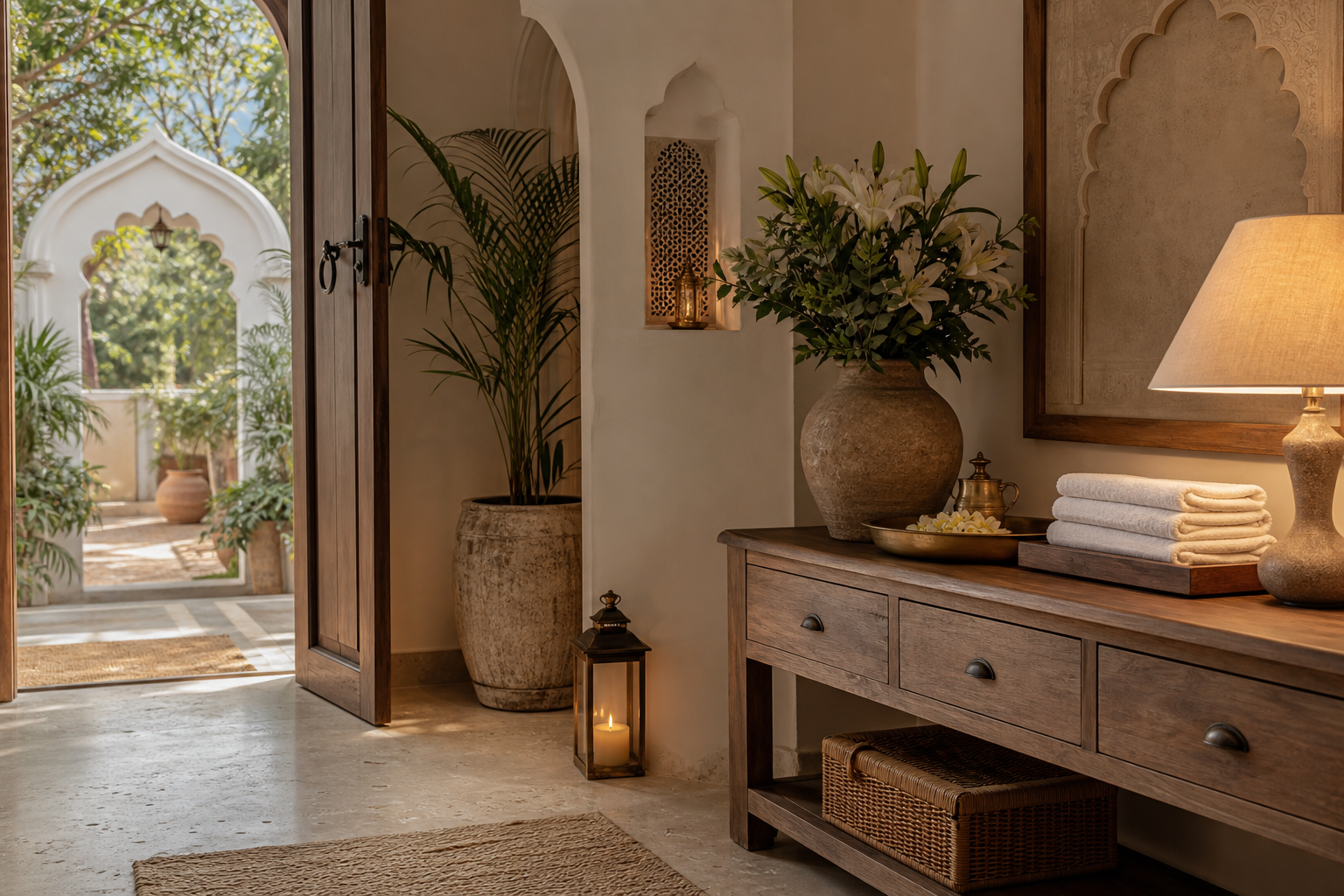 Inviting hospitality arrival moment with warm lighting, natural textures, and a styled welcome setting at a premium stay