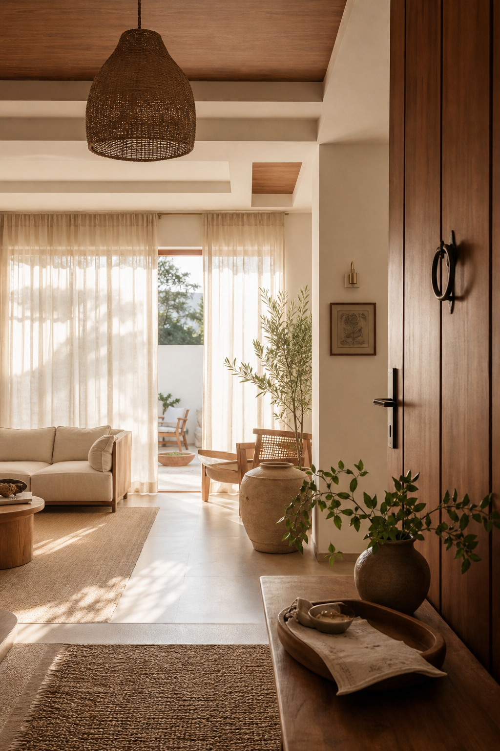 Serene boutique-hospitality arrival interior with soft linen upholstery, warm wood accents, and natural morning light