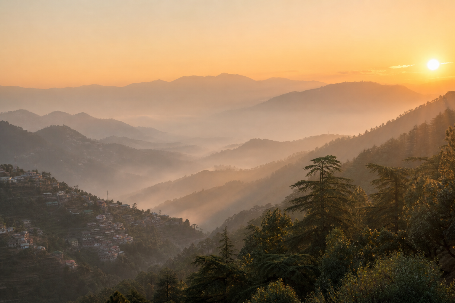 Warm sunrise over layered pine hills and a calm valley town in India