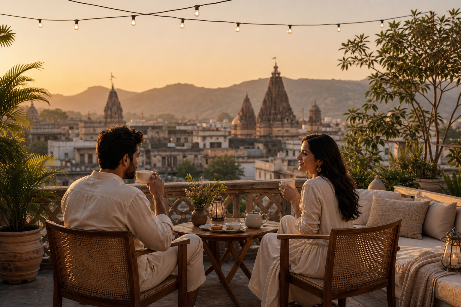 Golden-hour rooftop experience in India with a couple enjoying tea overlooking heritage architecture and distant hills