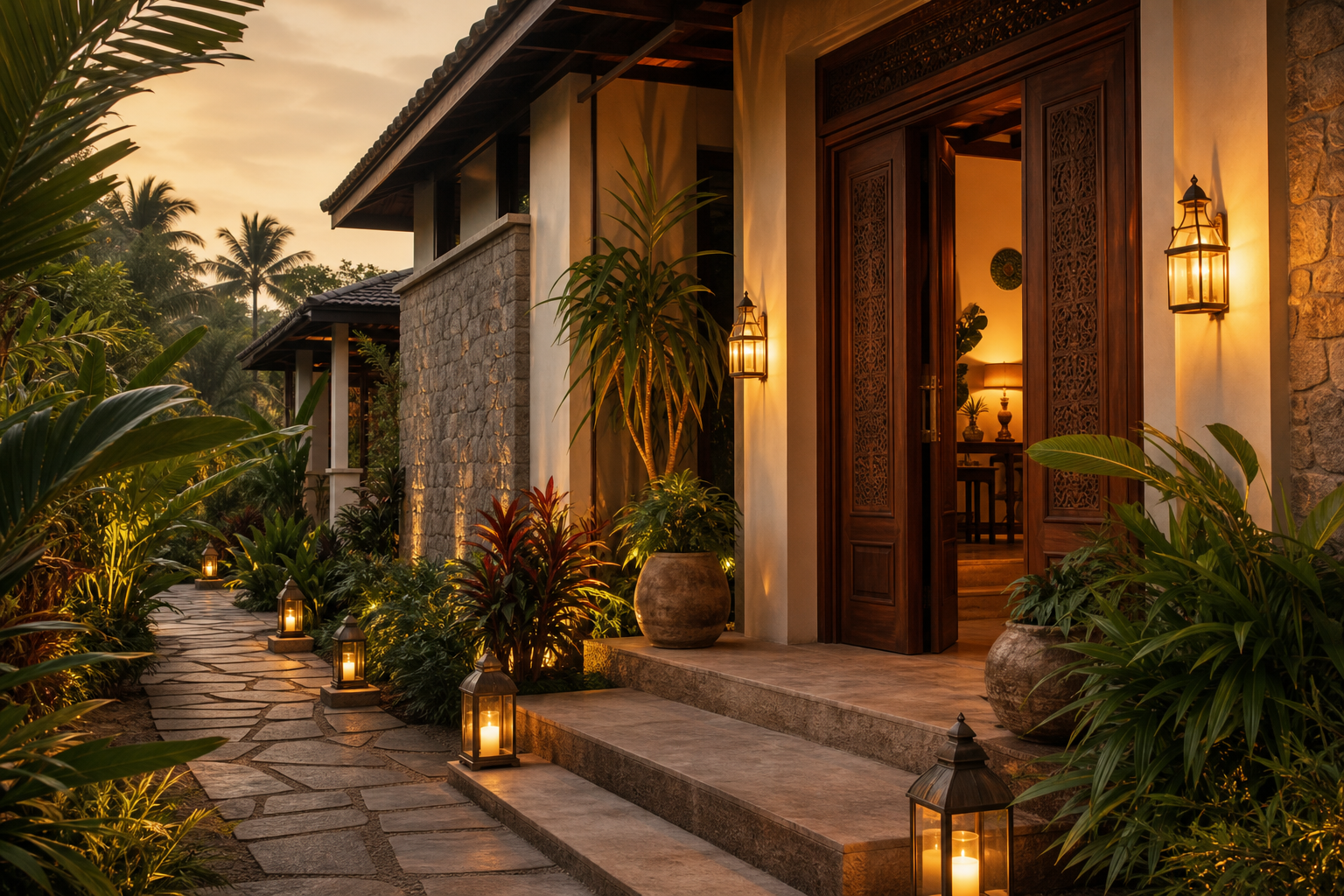 Warm evening arrival at a Lavya Living villa entrance with ambient lighting and landscaped path