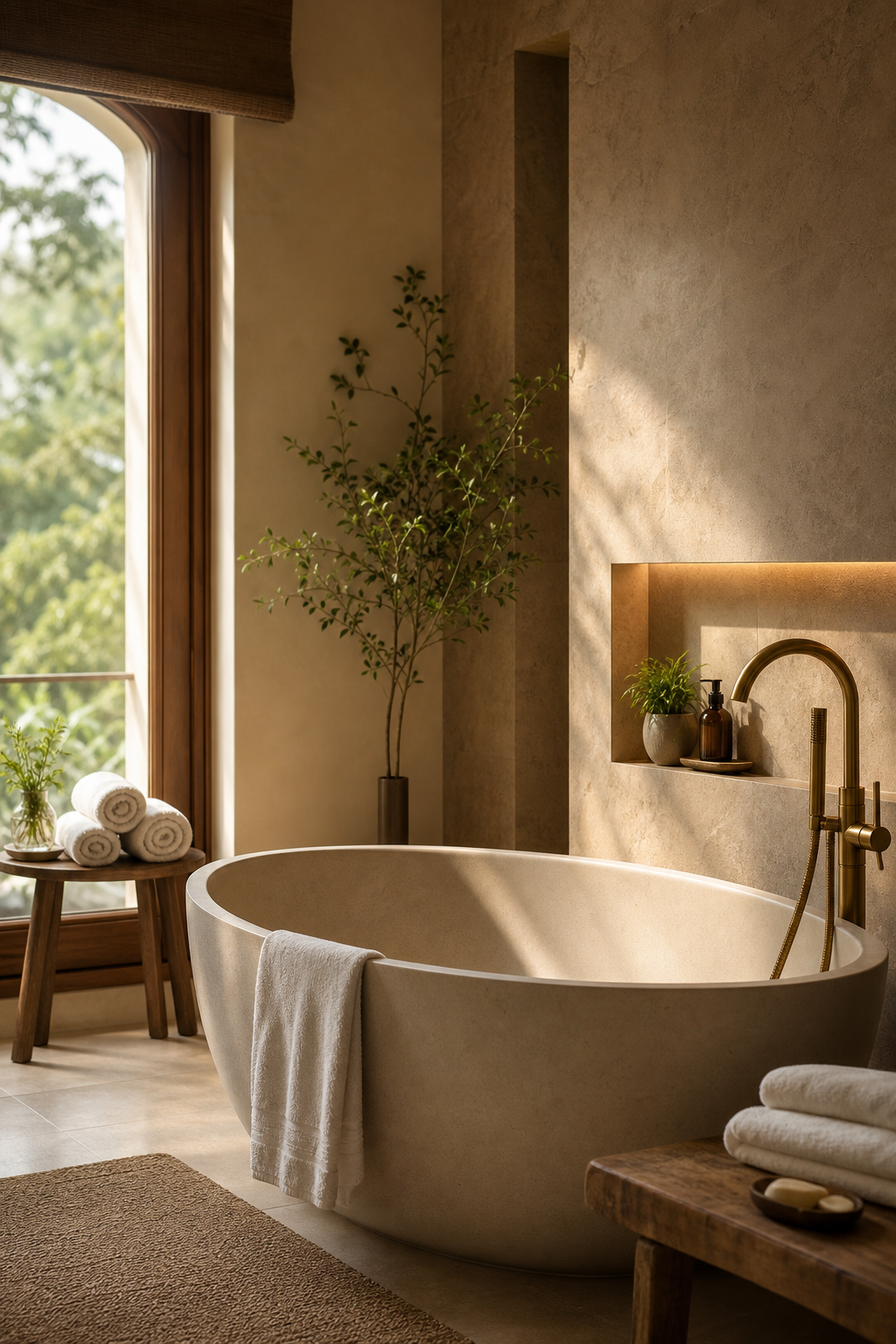 Spa-like bathroom with stone textures, brass fixtures, and a deep soaking tub
