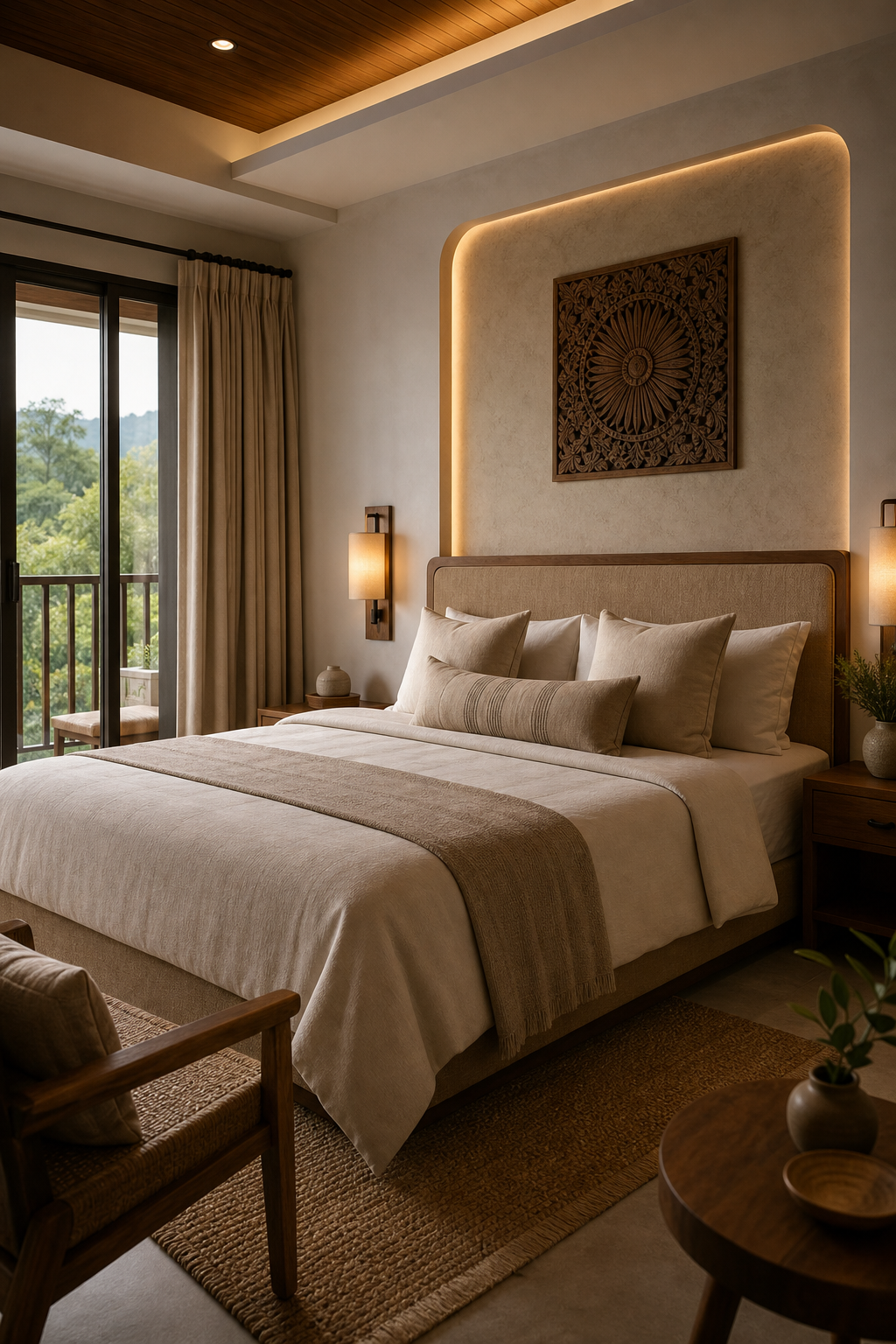 Serene bedroom with layered linens, soft lighting, and artisanal wood details