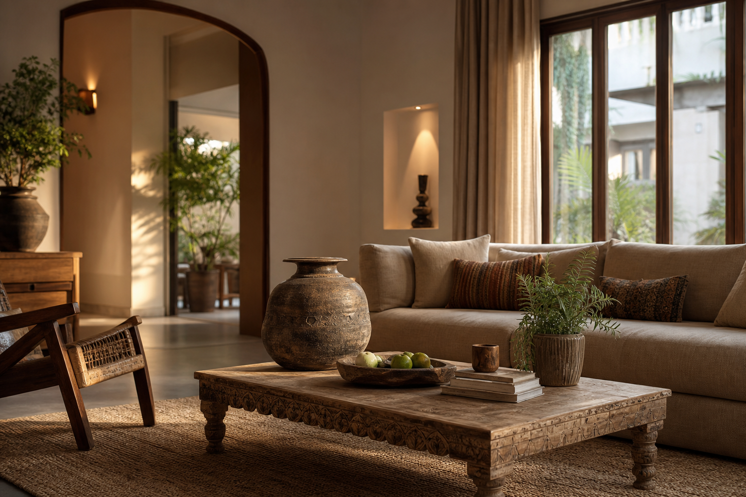 Elegant living room with curated decor, textured fabrics, and natural daylight
