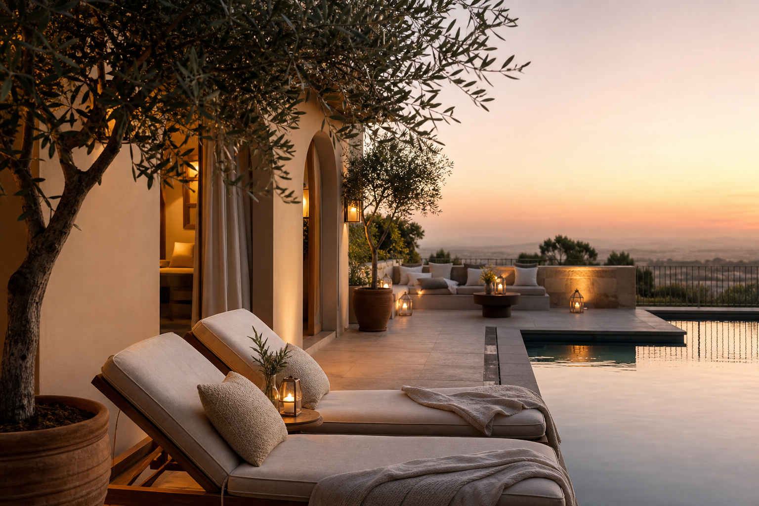 Private outdoor lounge with poolside seating, greenery, and sunset tones