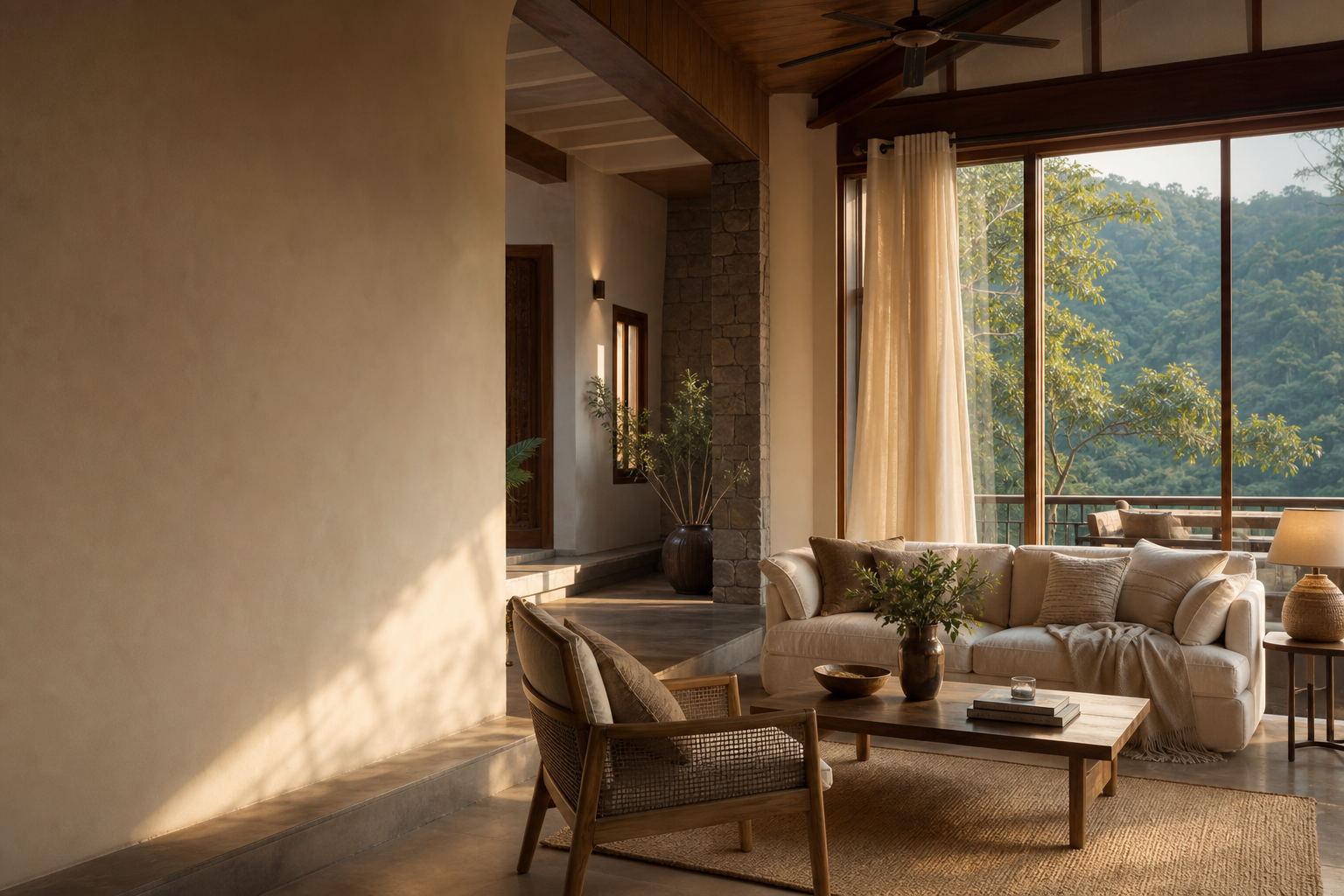Cinematic luxury stay scene with warm sunlight, refined interior details, and a subtle landscape view in India