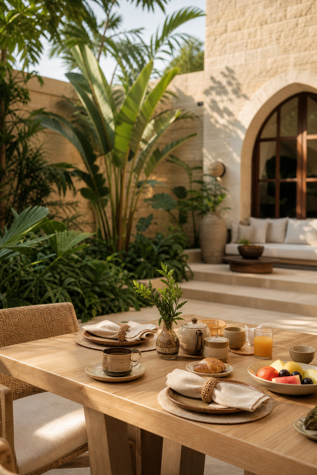 Sunlit breakfast setup in a boutique courtyard with linen tableware and tropical plants