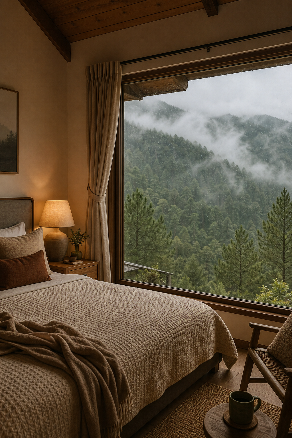 Cozy cottage bedroom with a large window framing misty pine-covered hills