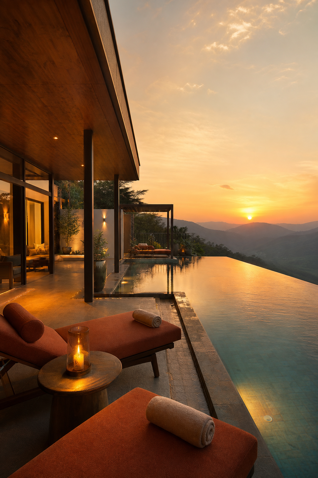 Infinity pool at a modern villa during golden sunset with hills in the background