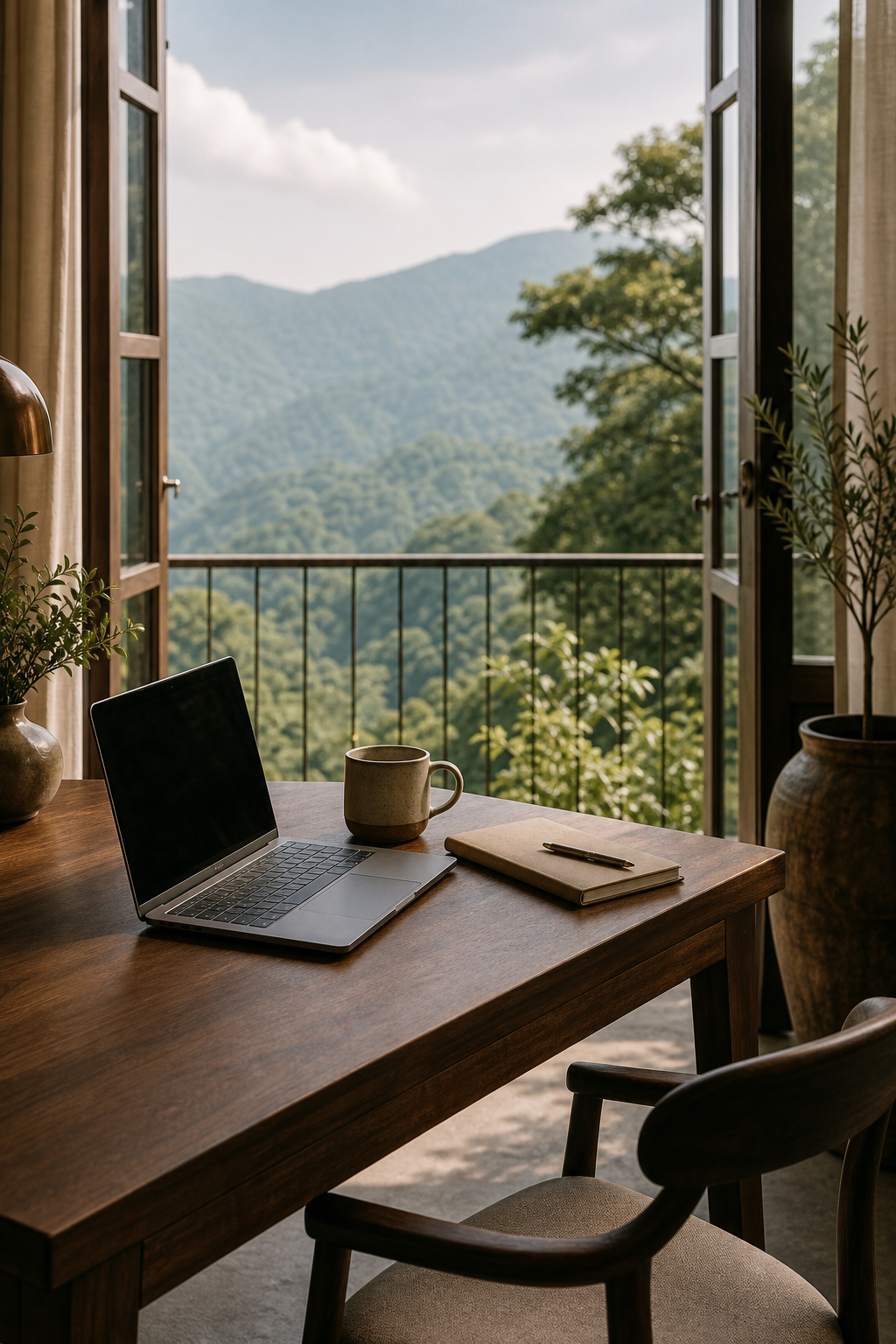 Minimal wooden work desk beside a balcony overlooking a calm valley landscape