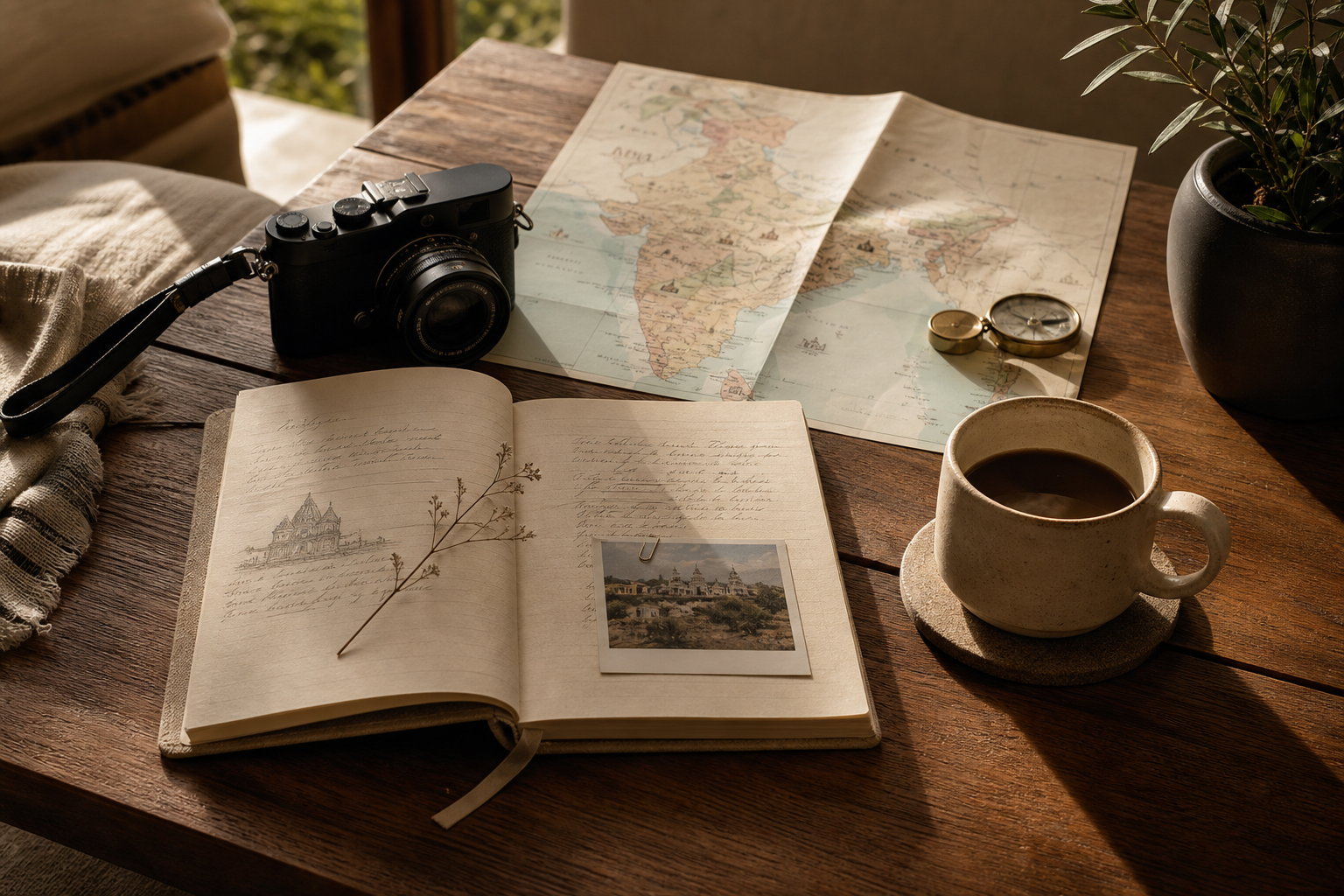 Refined travel-journal scene with an open notebook, printed destination map, camera, and warm morning light on a wooden table