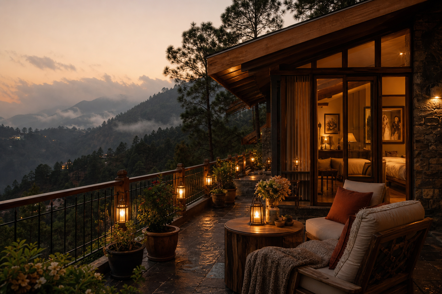 Refined hillside cottage terrace in Kasauli surrounded by cedar forest, misty mountain air, and warm boutique evening lighting