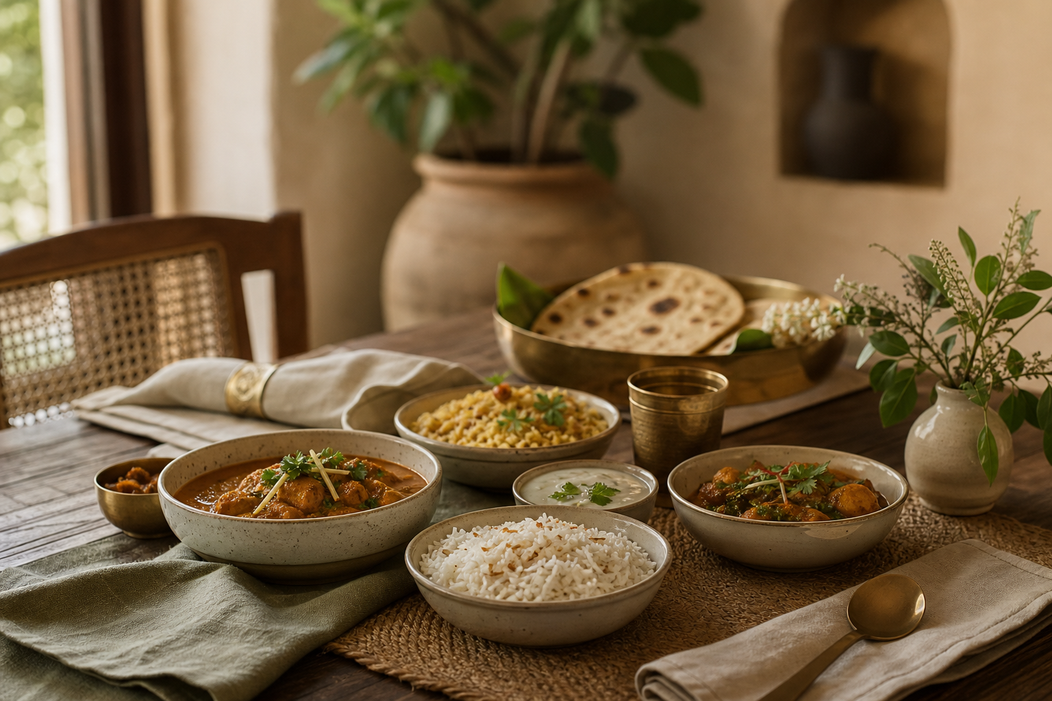 Warmly lit dining table with regional Indian dishes served in ceramic bowls and brass accents