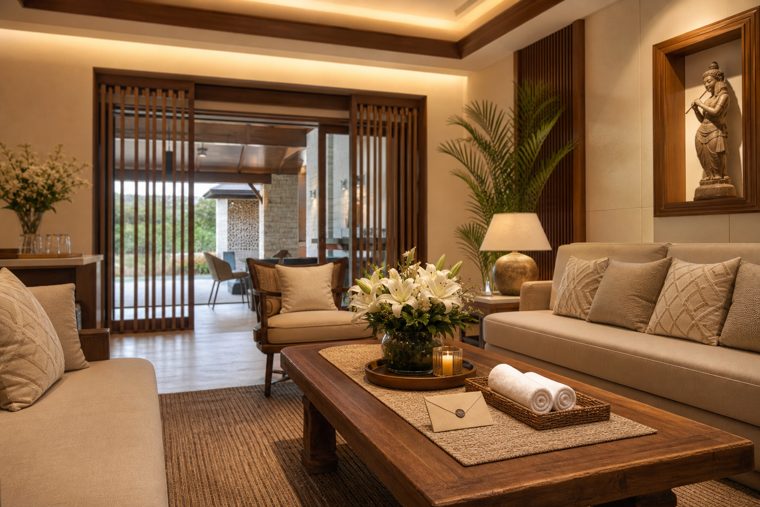 Elegant villa living room prepared for guest arrival with curated decor and hospitality details