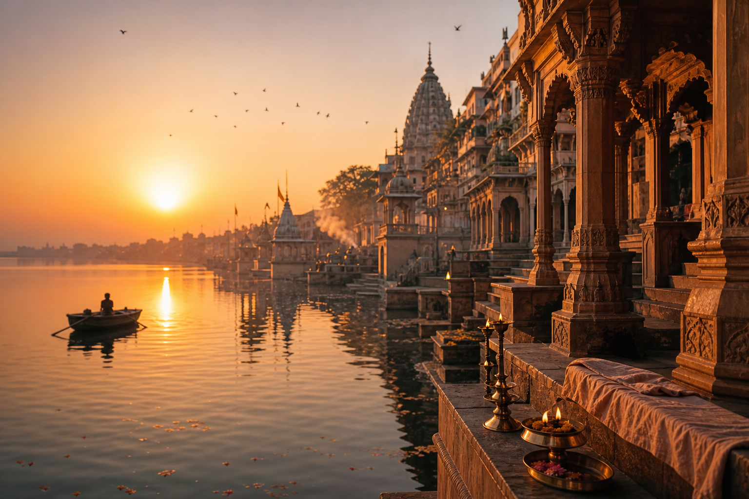 Elegant sunrise view of a premium riverside ghat setting in Ujjain with sandstone architecture, warm lantern glow, and serene spiritual ambiance