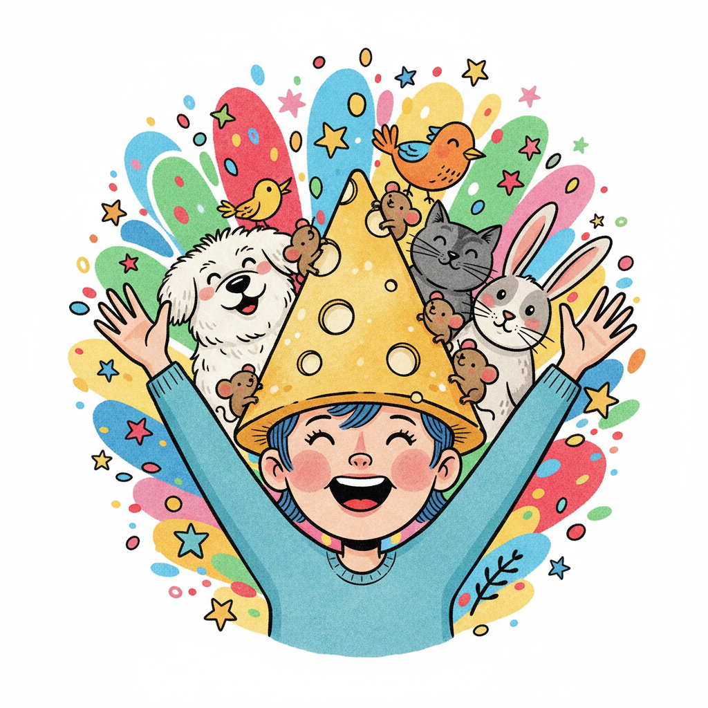 Illustrated animal lover cheering with cheese hat