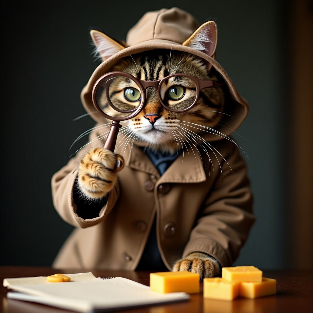 Captain Purrlock, a cat in a detective coat and hat, magnifying glass in paw