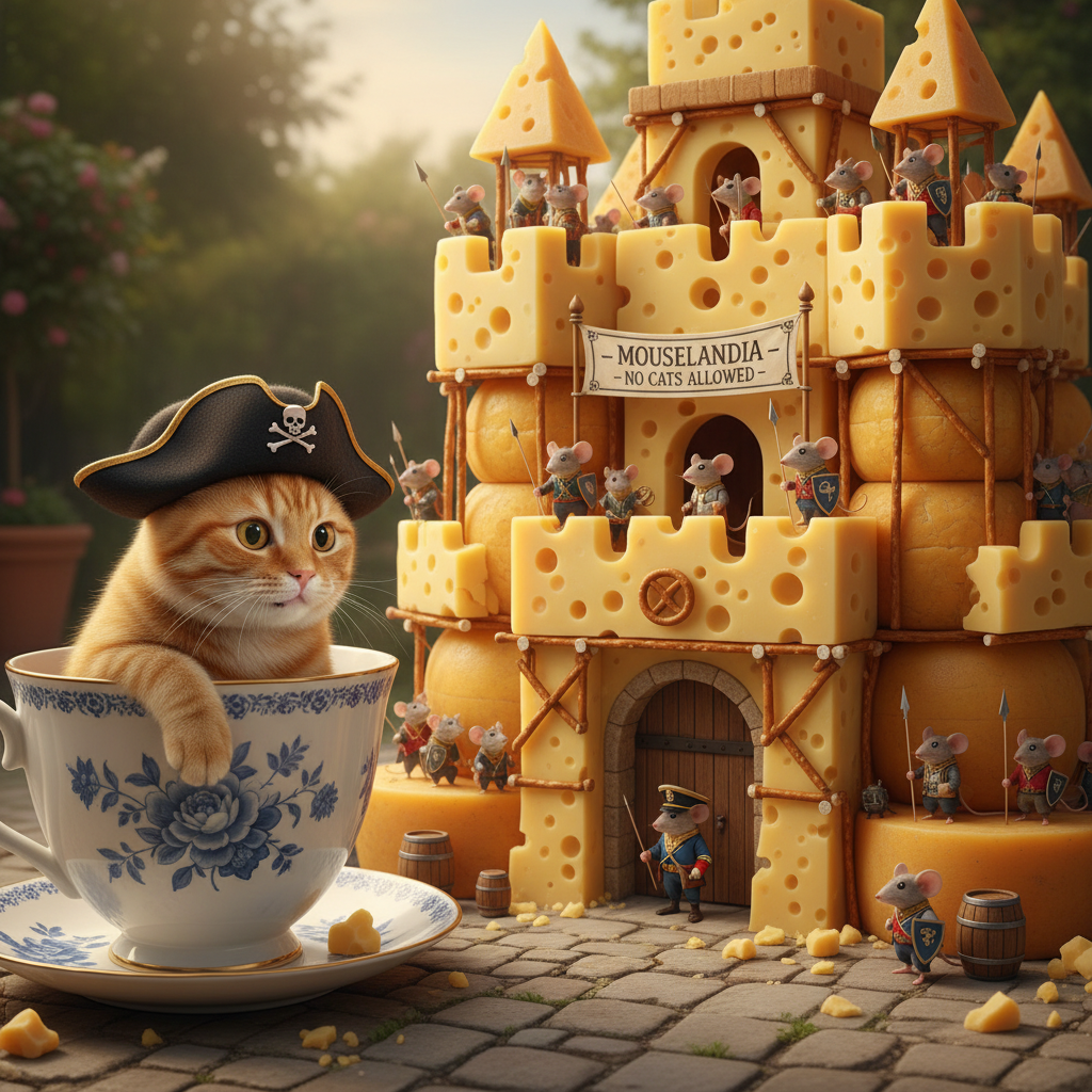A cat in a pirate hat attempts to sneak into the kitchen fortress by hiding in a giant teacup.