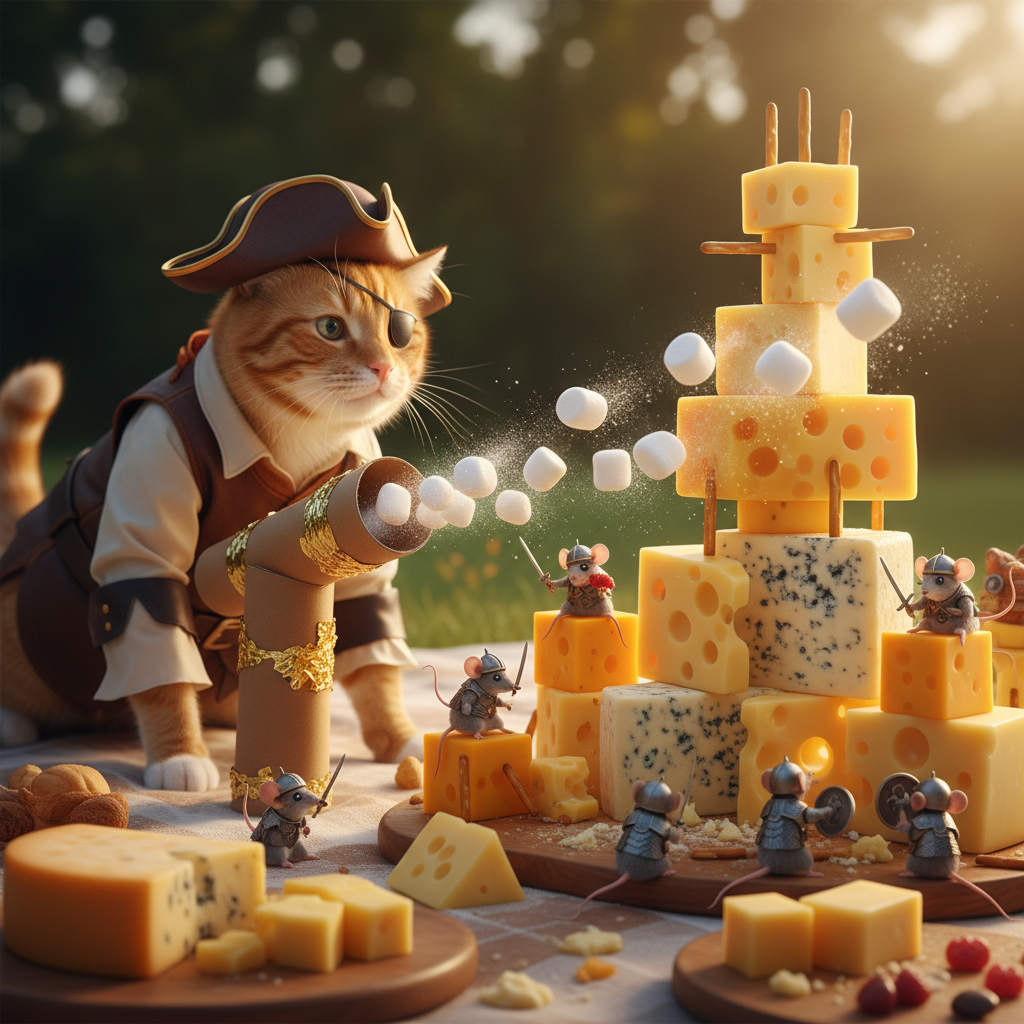 The costumed cat launches marshmallows toward the mice, who duck behind cheese barricades.