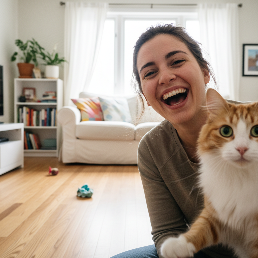 Cat owner laughing with their curious cat