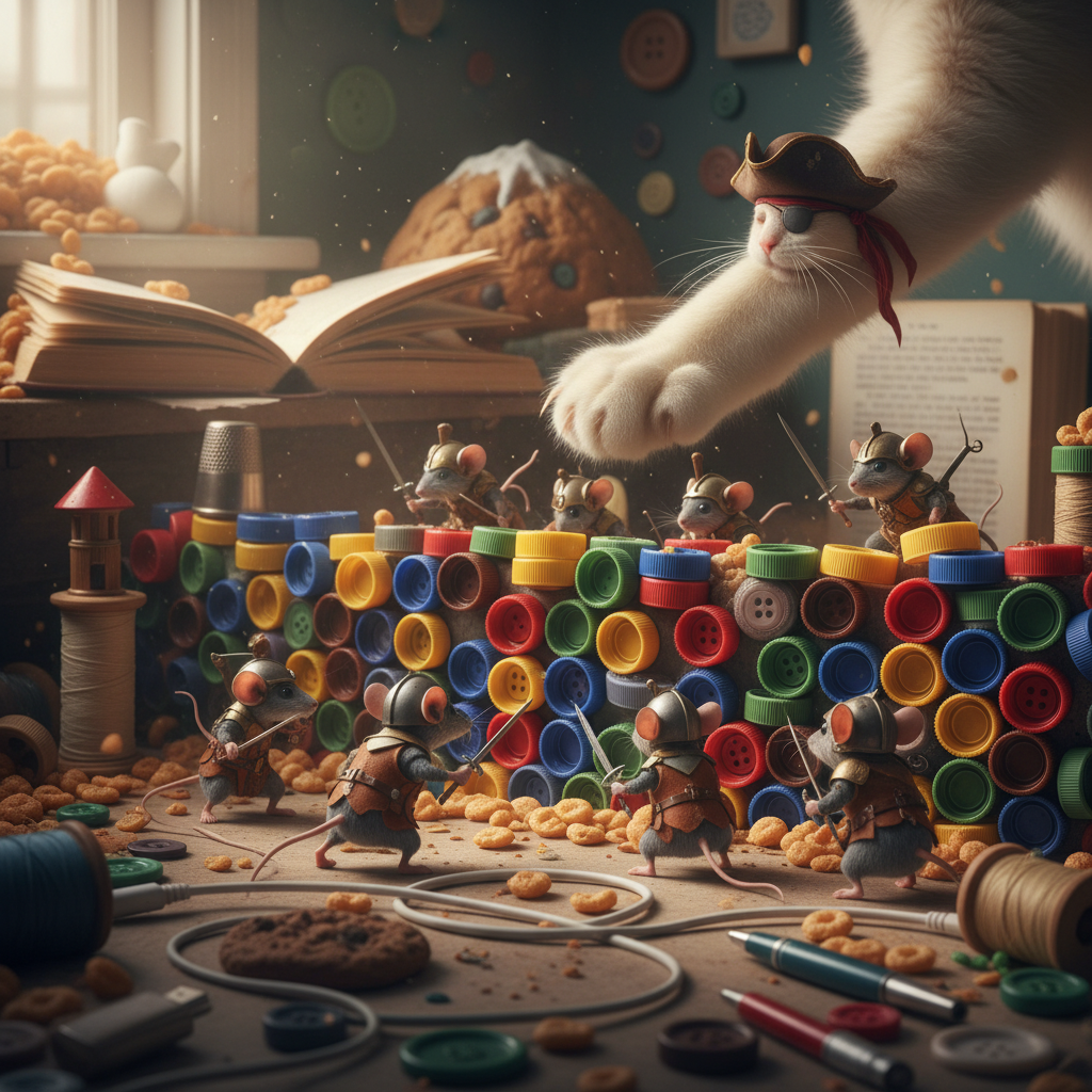 Mouse defenders hide behind a barricade made of colorful bottle caps, with a costumed cat paw reaching in. Household items everywhere. Real action photo.