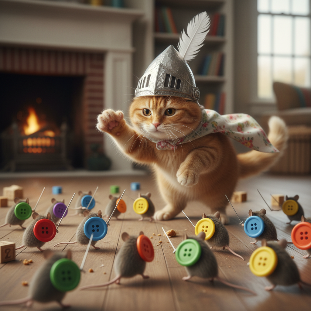 A group of mice charge heroically with colorful button shields, facing a playful cat in a knight costume. Real photo, whimsical action.