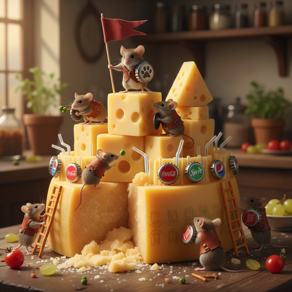 Mouse clan stands atop a cheese wheel fortress, waving a toothpick flag, with bottle caps as shields and straws as battlements. Real mice in action, vibrant and whimsical.