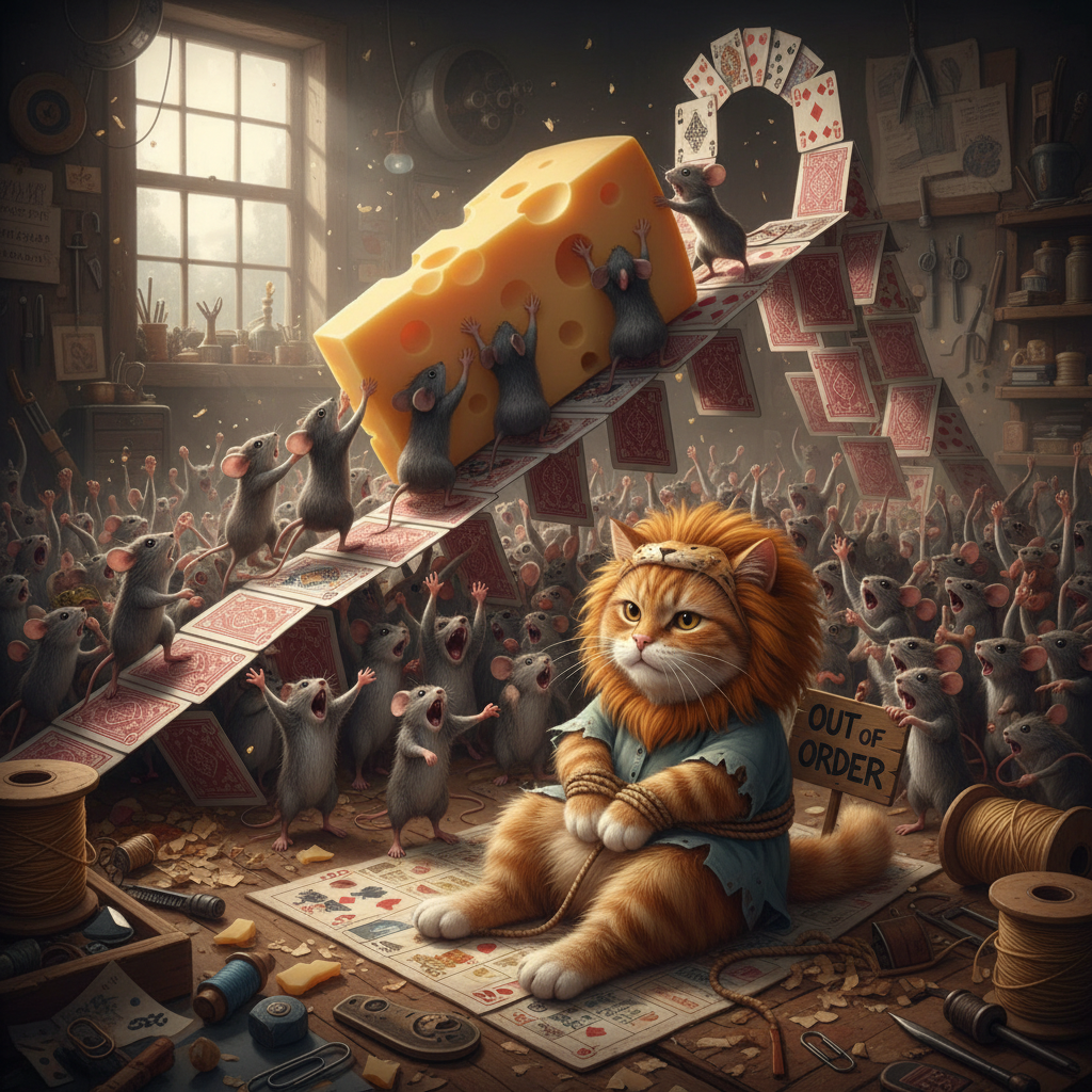 Several mice work together to push a giant cheese wedge up a ramp made of stacked playing cards, with a cheering mouse crowd and a frustrated costumed cat below. Real action shot.