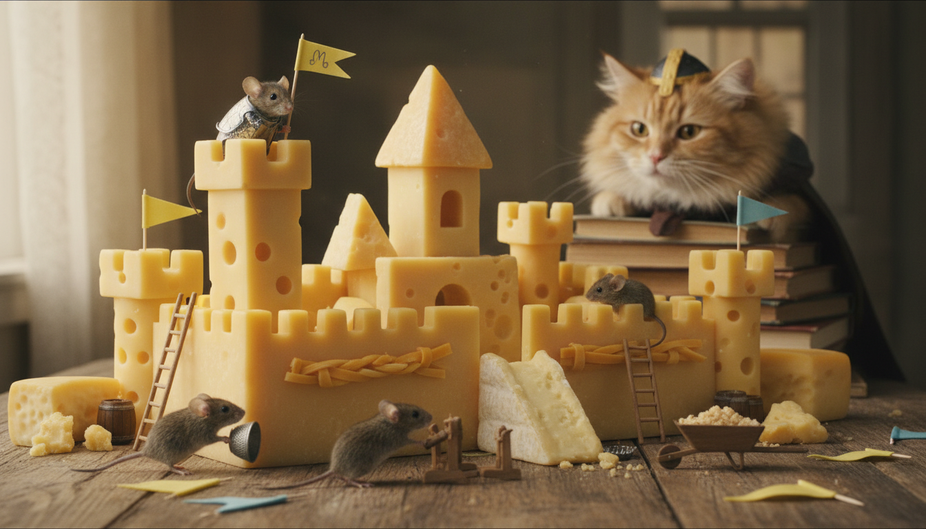 A real mouse-sized cheese fortress with heroic mice in action, defending their cheese from playful, costumed cats using household items as defenses