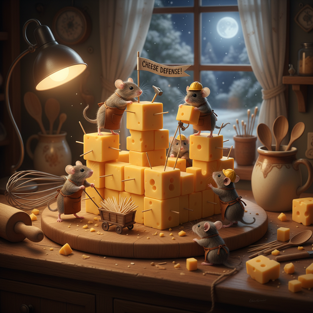 Mice stacking cheddar blocks and using toothpicks to reinforce their cheese fortress walls.