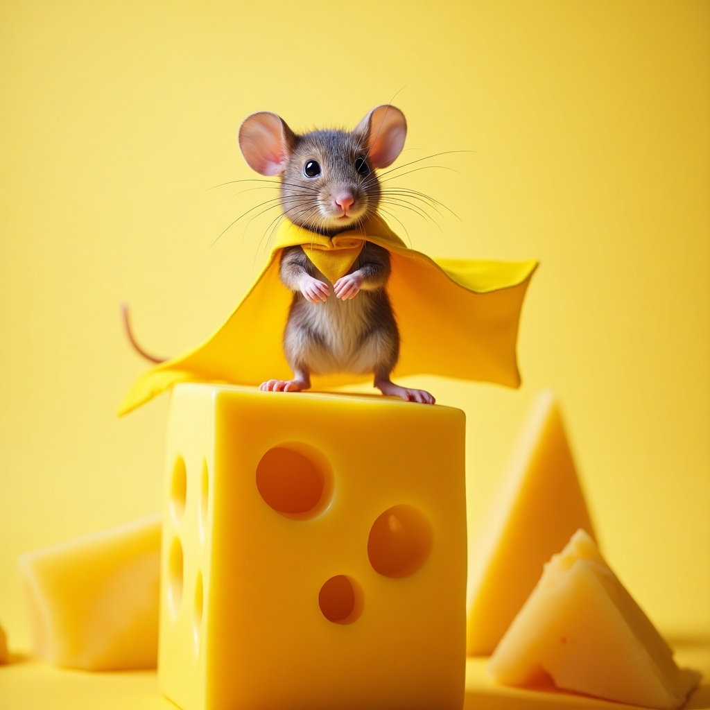 Cheddar Commander, a mouse in a yellow cape atop a cheese wedge fortress