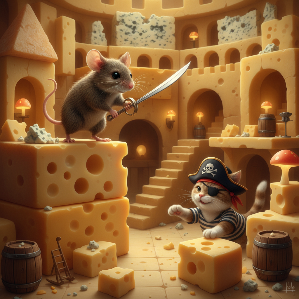 A heroic mouse wielding a teaspoon stands atop the cheese wall, facing a sneaky cat in a pirate costume.