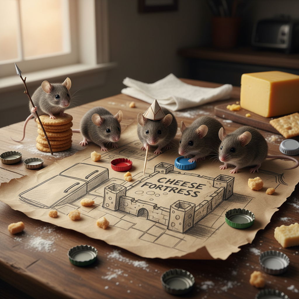 Mice huddle over a kitchen map, plotting defense strategies with bottle caps and crumbs.
