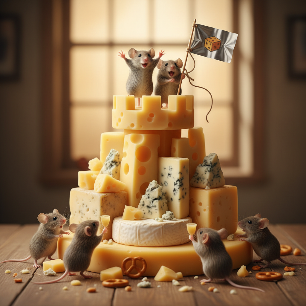 Mice celebrating atop their fortress, waving a flag made from a toothpick and cheese wrapper.