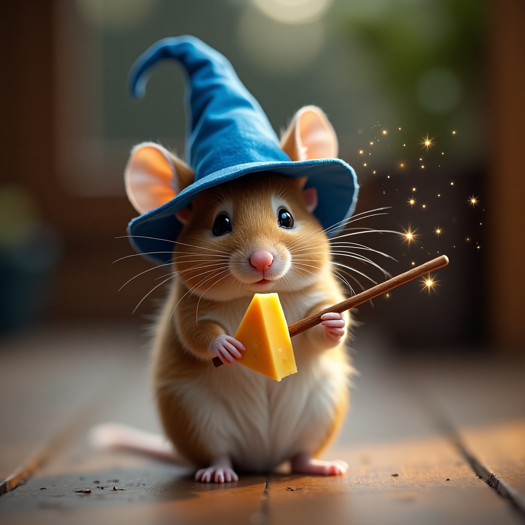 Mozzarella Mage, a mouse with a pointy blue hat conjuring cheese shields