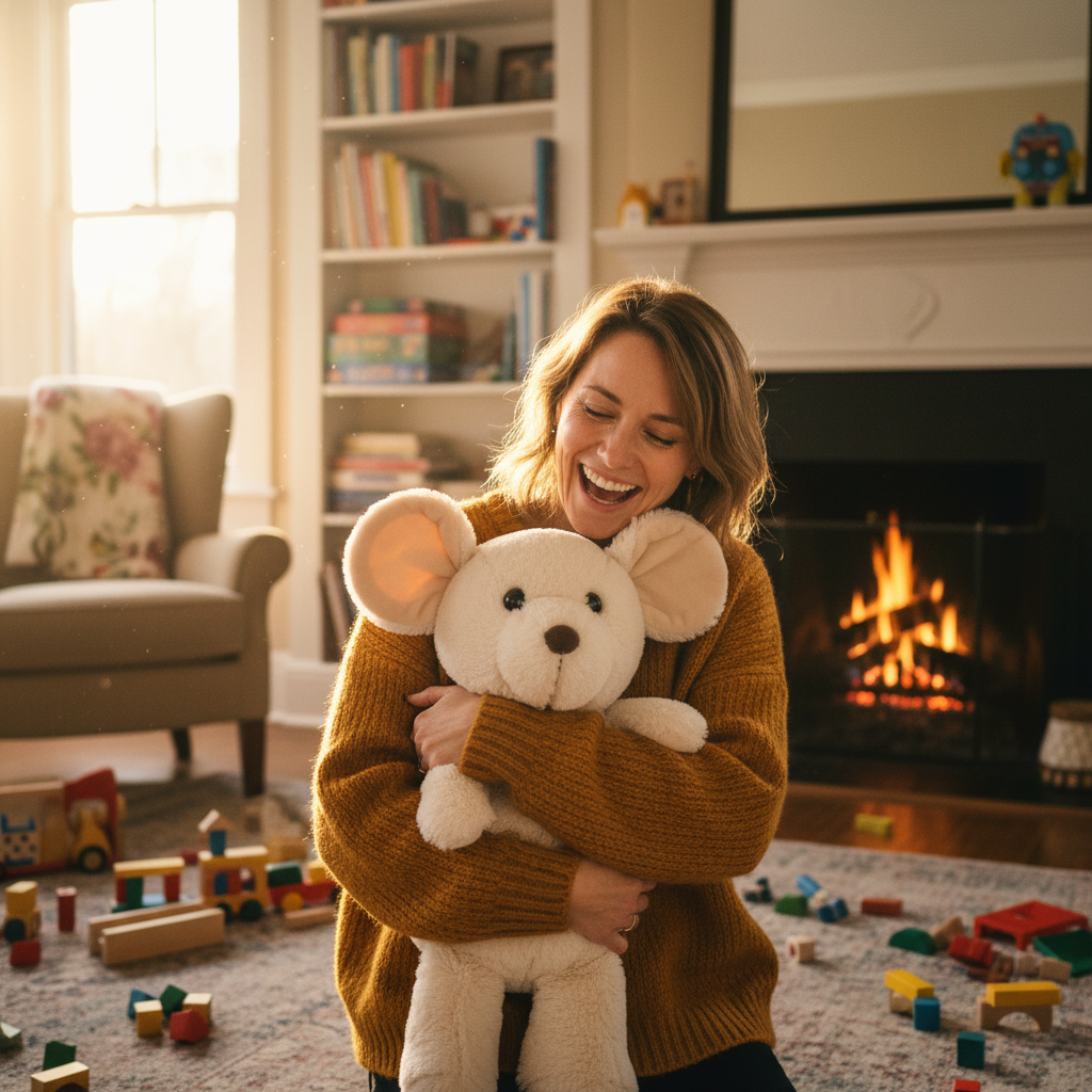 Parent laughing holding a plush mouse