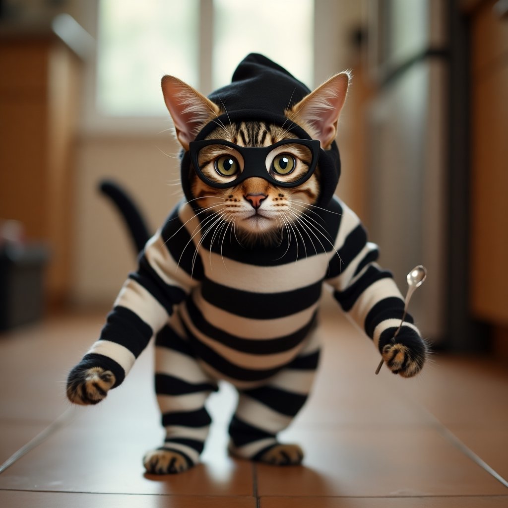 Sneaky Whiskers, a cat in a striped burglar outfit tiptoeing with a spoon