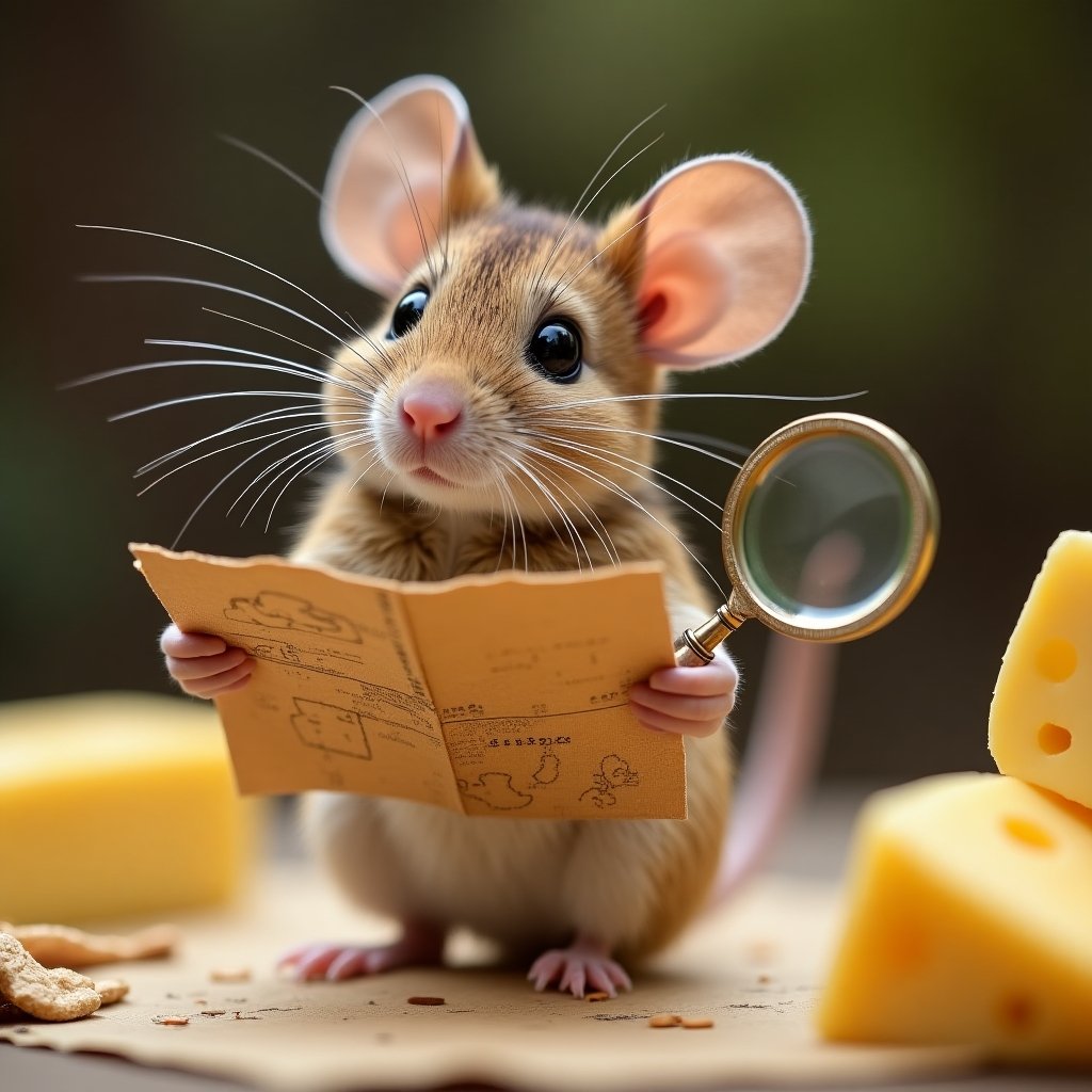 Swiss Scout, a mouse with a homemade map and a magnifying glass
