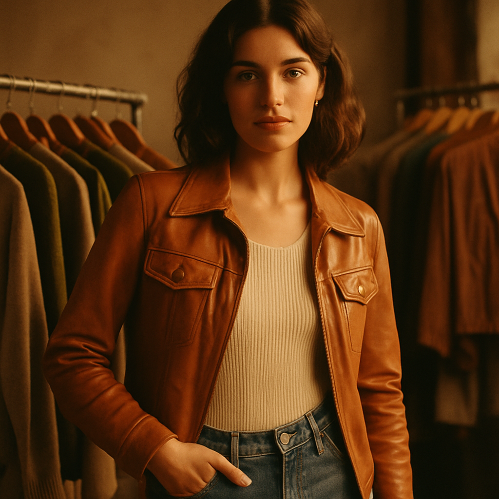 Warm film-style boutique portrait featuring a vintage outfit