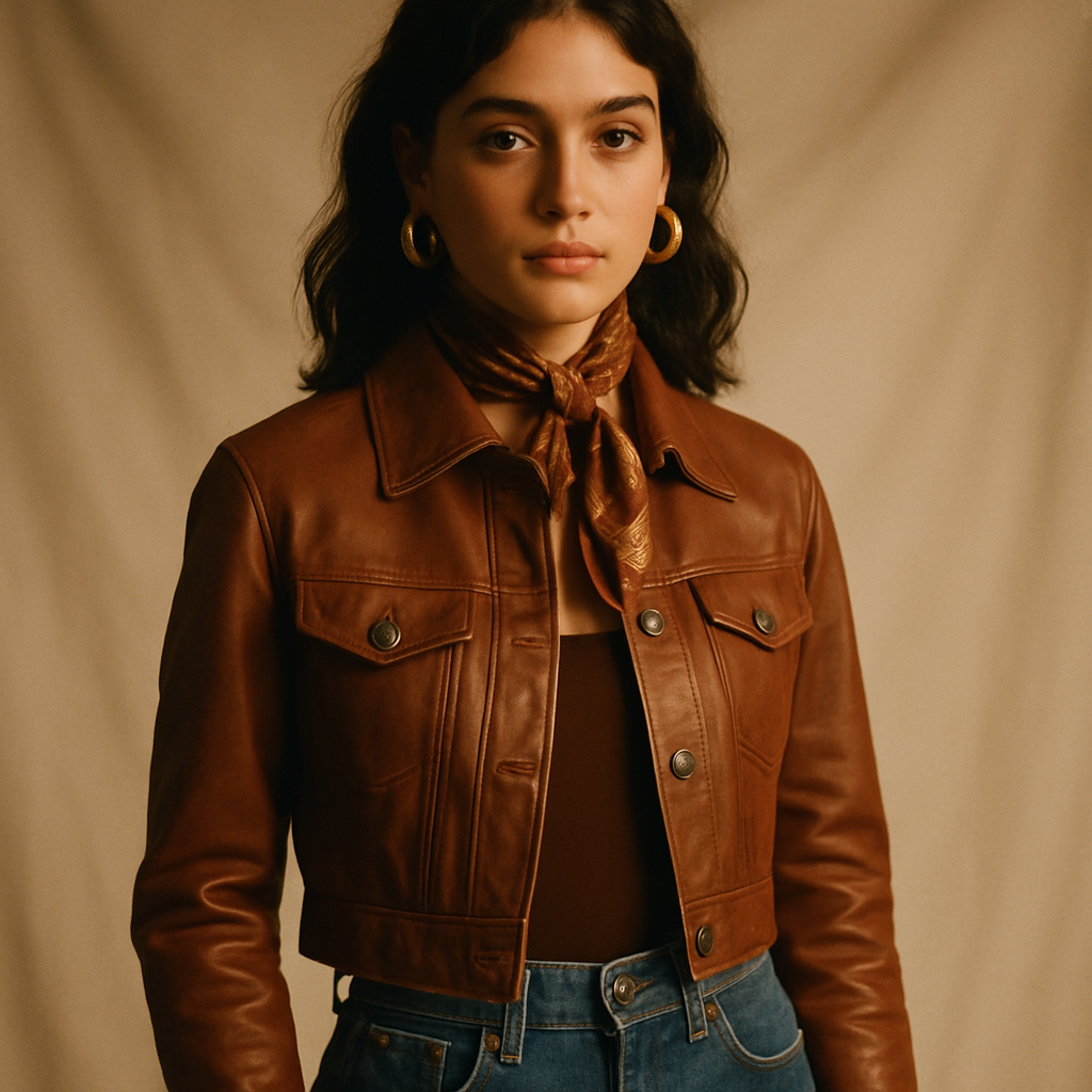 Warm film-style editorial portrait of a model wearing a cropped leather jacket and high-waist denim, styled with 70s accessories