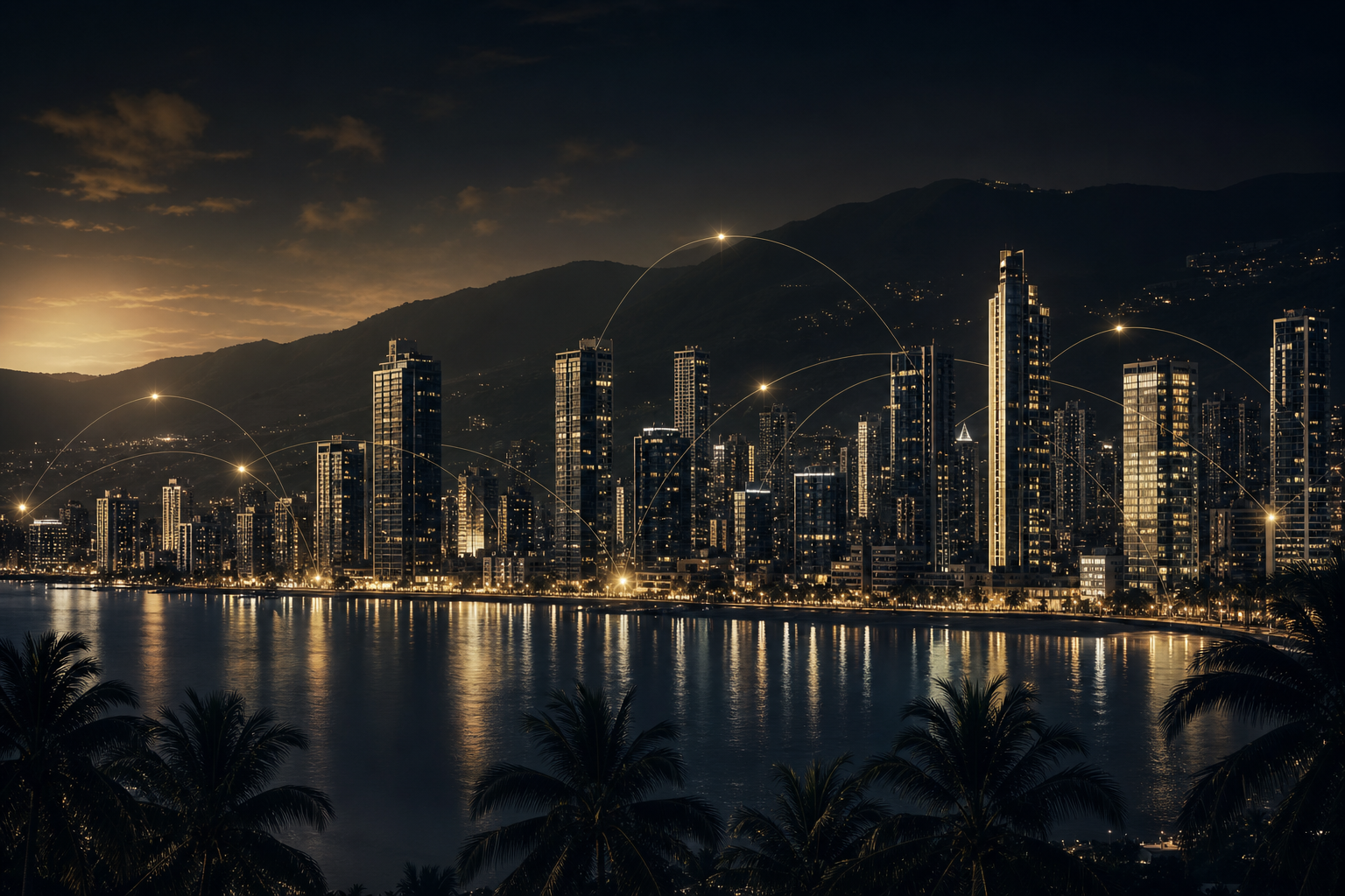 Cinematic nighttime cityscape with illuminated high-rise buildings along a waterfront, distant mountain silhouettes, palm trees in the foreground, and subtle network-like connection lights in an elegant editorial luxury mood