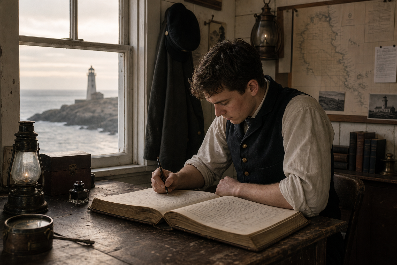 Young assistant keeper seated at a wooden desk at dawn, writing in a thick logbook with sea light entering from a narrow window