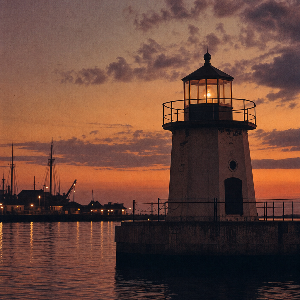 Harbor beacon at dusk with amber sky reflections on calm water and silhouetted pier posts