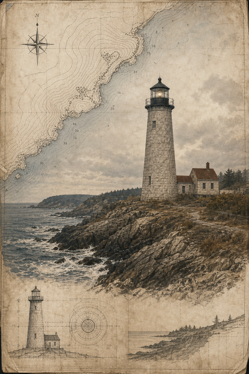 Archival coastal survey sketch showing a lighthouse on a rugged shoreline with contour notes