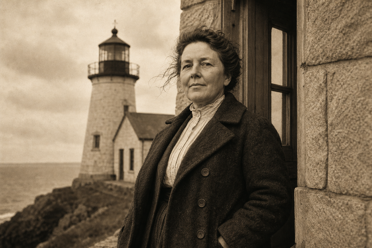 Sepia-toned portrait of a middle-aged lighthouse keeper in a wool coat standing beside a weathered stone doorway