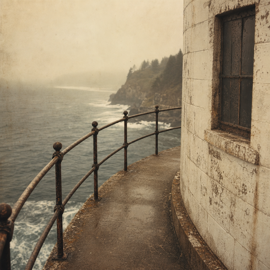 Narrow keeper walkway along lighthouse wall with iron rail and worn concrete under sea mist