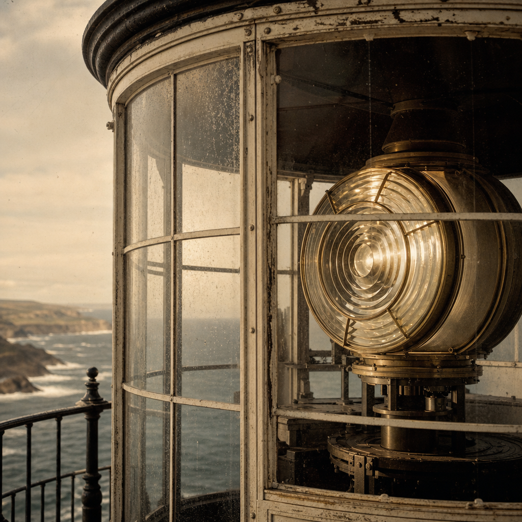 Close archival detail of a lighthouse lantern room with brass lens framework and salt haze