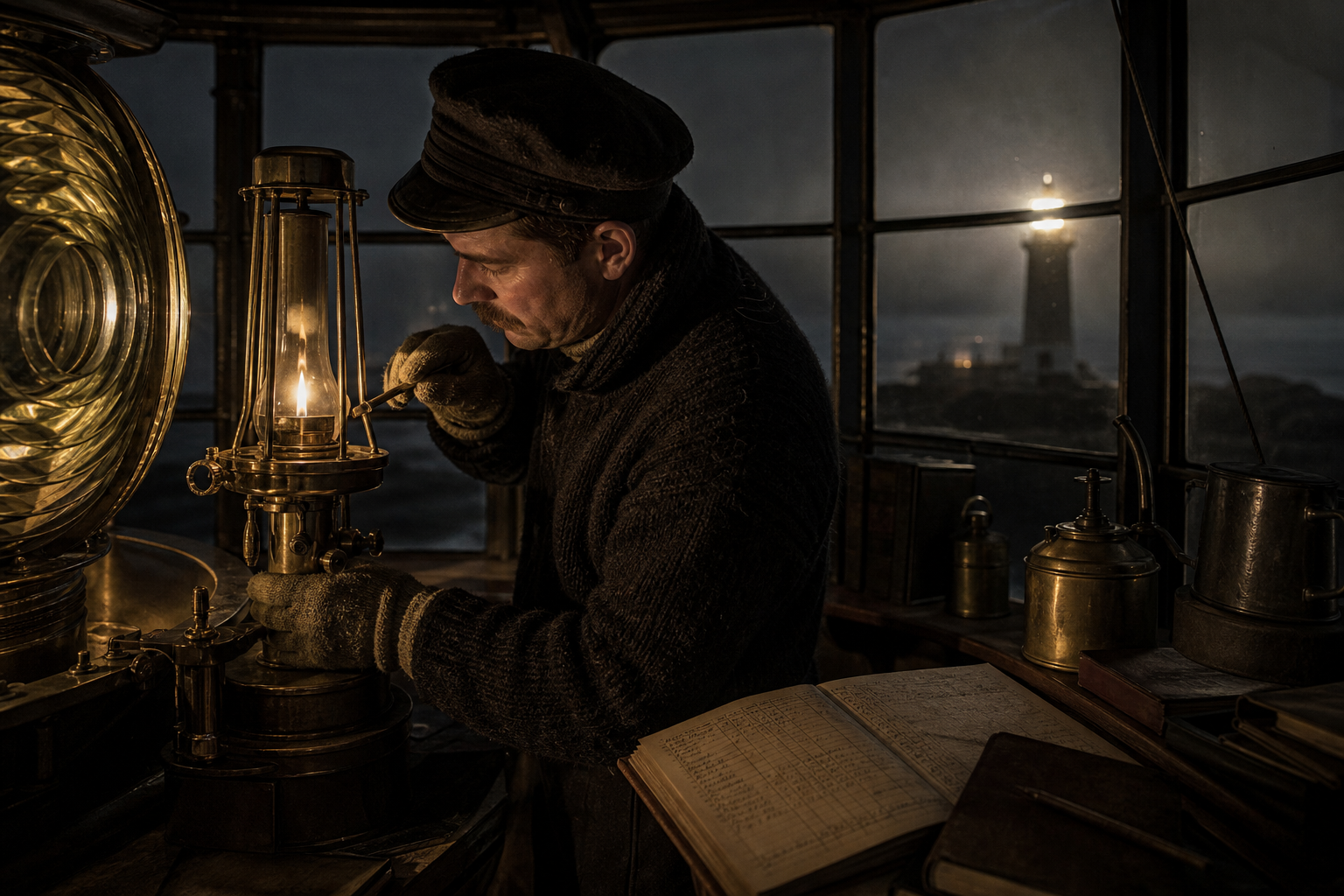 Dim lantern-room interior with brass lamp fittings, oil tins, and a keeper trimming a wick by hand