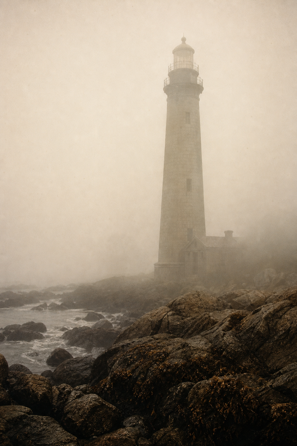 Archival lighthouse exterior in coastal fog with soft horizon and weathered stone base
