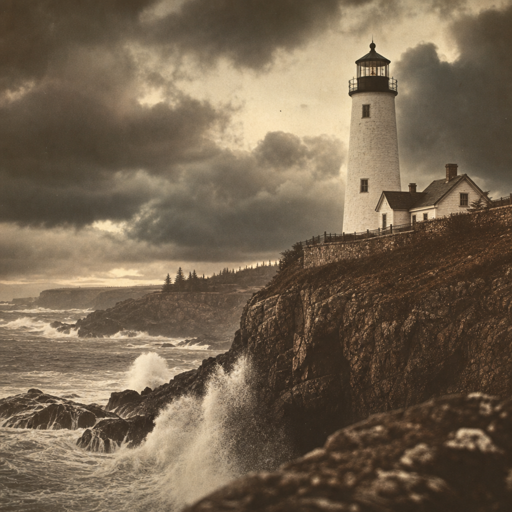 Storm-beaten lighthouse tower on a rugged cliff with dark sea spray and heavy cloud bank